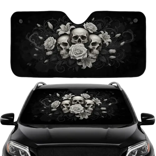 Realistic Human Skulls Large White Flowers Dark Botanical Foliage Car Interior Upgrade Car Sunshade