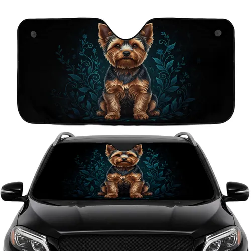 Golden-Brown Yorkshire Terrier Dog Teal Botanical Car Interior Upgrade Car Sunshade