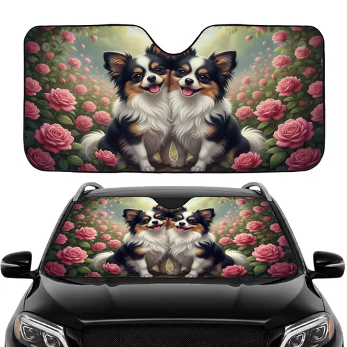 Fluffy Small Dogs Pink Roses Sunlit Garden - Car Interior Upgrade Dog Lover Gift Car Sunshade