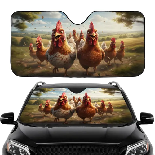 Comical Chickens Open Road Journey Rolling Green Hills & Blue Sky Travel Essentials Car Sunshade