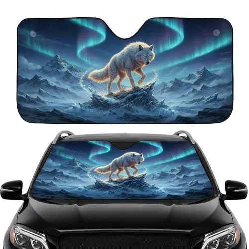 White Wolf Ice Peak Aurora Borealis Mountain Landscape - Car Interior Upgrade Car Sunshade