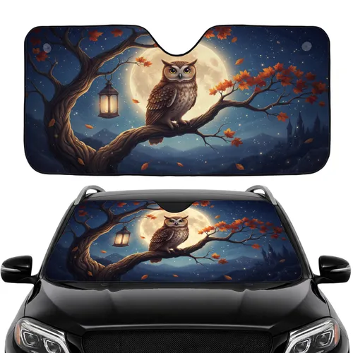 Brown Owl Full Moon Lantern Autumn Leaves - Car Interior Upgrade for Owl Lover Car Sunshade