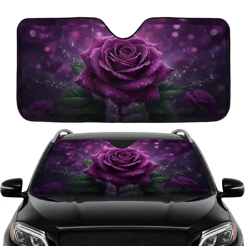 Deep Purple Violet Magenta Rose Crystal Dew Drops Foliage - Car Interior Upgrade Car Sunshade