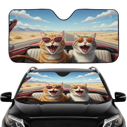 Ecstatic Cats Sunglasses Vintage Car - Road Trip Gift for Cat Lover Car Sunshade