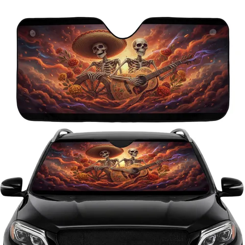 Jovial Skeletons Sombrero Guitar Dia de Muertos Floral Car Interior Upgrade Car Sunshade