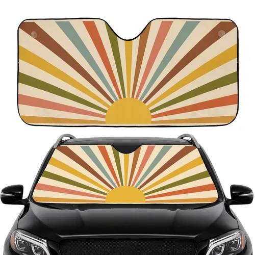 Yellow Semi-Circular Sun Olive Green Brown Terracotta Sunburst Rays - Car Interior Upgrade Car Sunshade