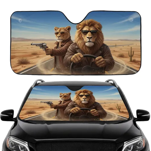 Anthropomorphic Lions Sunglasses Revolver Desert Drive - Travel Essentials Car Sunshade