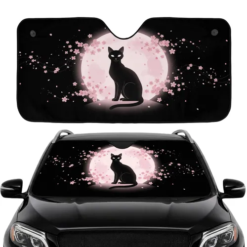 Black Cat Pink Moon Cherry Blossom - Car Interior Upgrade Cat Lover Gift Car Sunshade