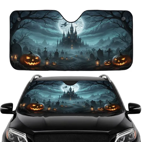 Gothic Castle Graveyard Witch Bats Jack-O'-Lanterns - Car Interior Upgrade Car Sunshade