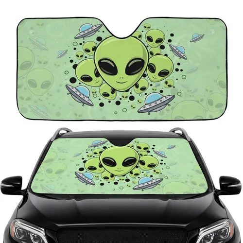 Vibrant Green Alien Heads Flying Saucers Cosmic Field - Commute Accessory Car Sunshade