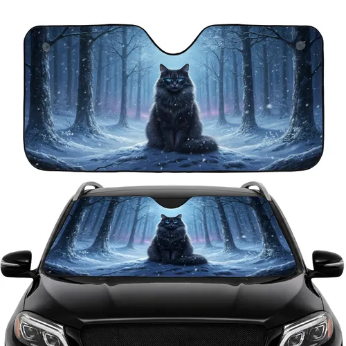 Majestic Dark Grey Cat Snow Forest Moonlight - Road Trip Accessory for Cat Lovers Car Sunshade