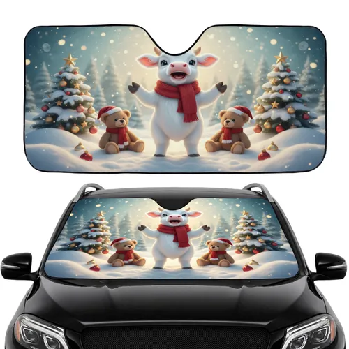 Baby Calf Teddy Bears Snowy Field Christmas - Road Trip Winter Car Upgrade Car Sunshade