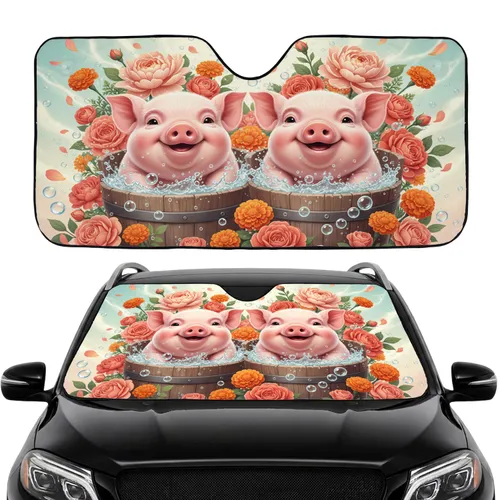 Plump Baby Pigs Wooden Buckets Garden Flowers - Farmhouse Decor Gift for Pig Lover Car Sunshade
