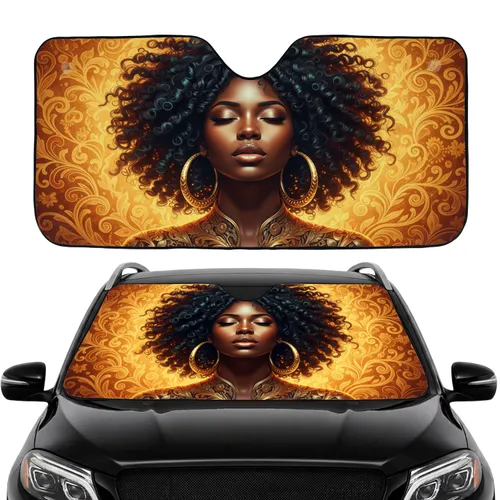 Black Woman Golden Hoop Earrings Voluminous Hair Floral - Car Decor Gift Car Sunshade