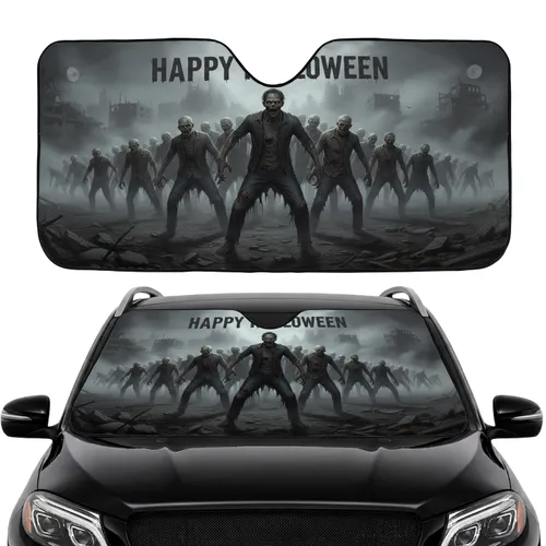 Decaying Zombie Horde Post-Apocalyptic Cityscape - Happy Halloween Holiday Car Sunshade