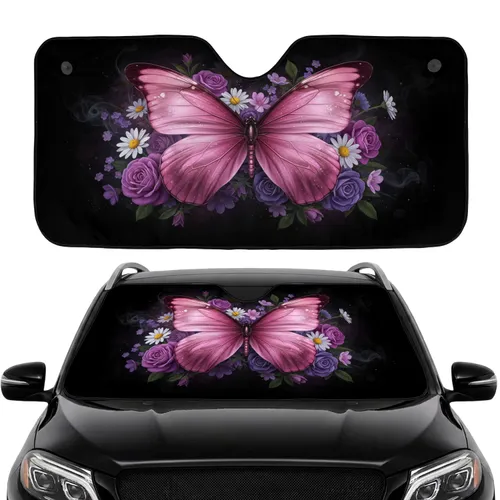 Pink Butterfly Iridescent Wings Purple Roses White Daisy Dark Background - Nature Lover Gift Car Sunshade