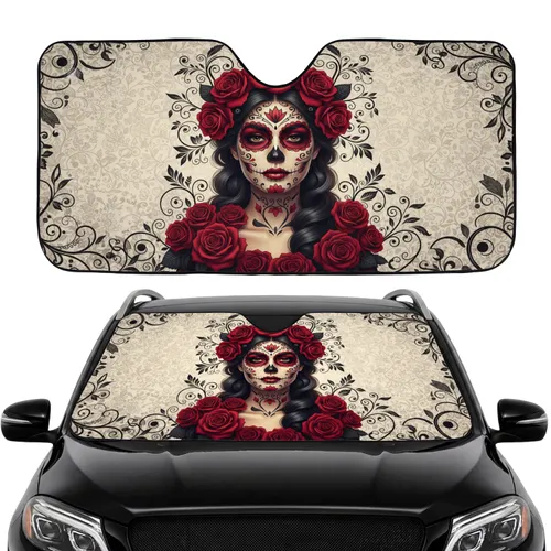 Calavera Catrina Sugar Skull Red Roses Black Floral Vines - Dia de los Muertos Holiday Gift Car Sunshade