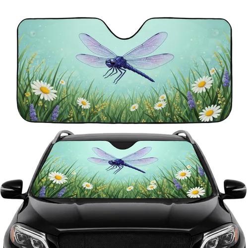 Indigo Dragonfly Star Speckles Daisies - Wildlife Lover Car Decor Car Sunshade