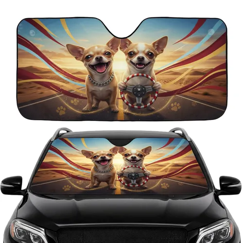 Laughing Chihuahuas Steering Wheel Sunset Road - Road Trip Essential Gift Car Sunshade