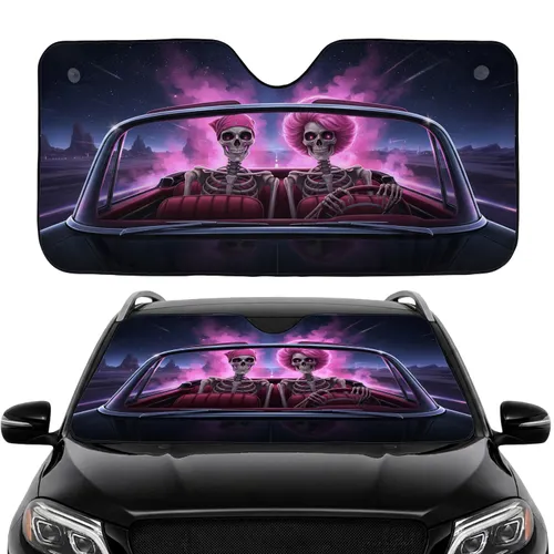Pink Wig Skeleton Vintage Convertible Night Sky Road Trip Gift for Car Lovers Car Sunshade
