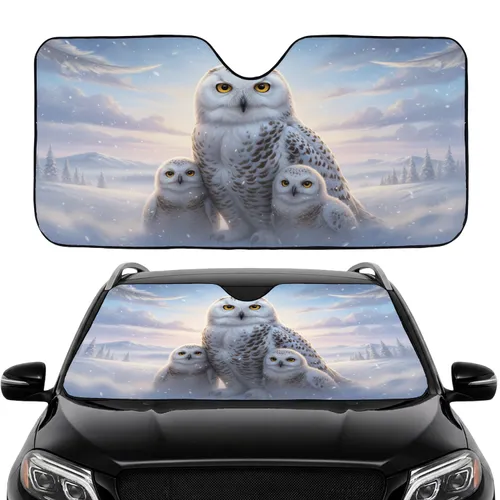 Snowy Owl Family Golden Eyes Arctic Landscape Hills Trees - Owl Lover Nature Gift Car Sunshade