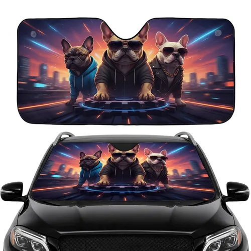 Cool French Bulldogs Dynamic City Night - Pet Lover Car Decor Gift Car Sunshade