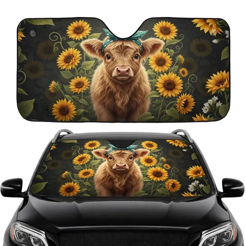 Baby Highland Cow Sunflowers Floral - Farmhouse Decor Gift for Cow Lover Car Sunshade