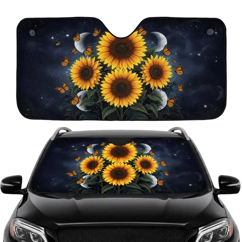 Sunflowers Monarch Butterflies Moonlit Night Sky - Nature Lover Gift Car Sunshade