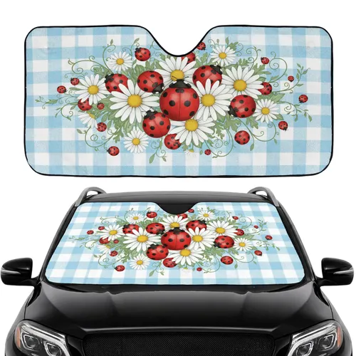 Ladybugs Blooming Daisies Leaves Tendrils Gingham Check Field - Wildlife Lover Gift Car Sunshade