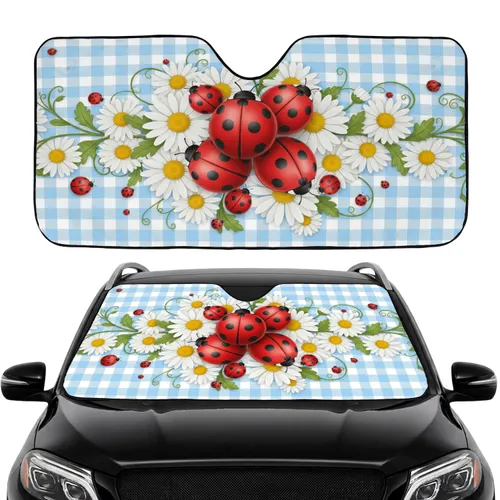 Red Ladybugs White Daisies Gingham - Spring Day Gift for Ladybug Lover Car Sunshade