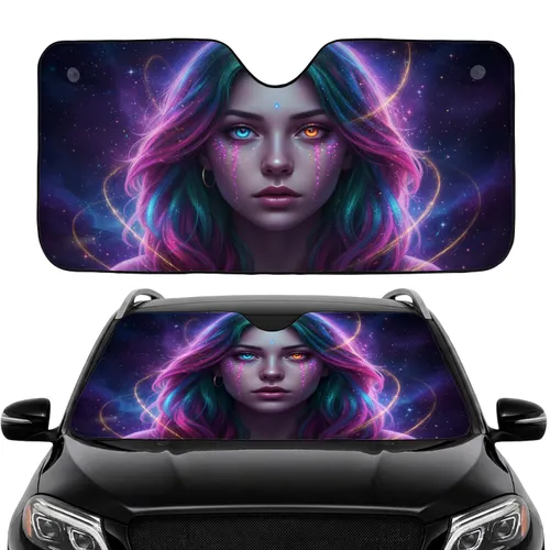 Mystical Woman Glowing Eyes Glitter Cheeks Cosmic Nebula - Fantasy Lover Gift Car Sunshade