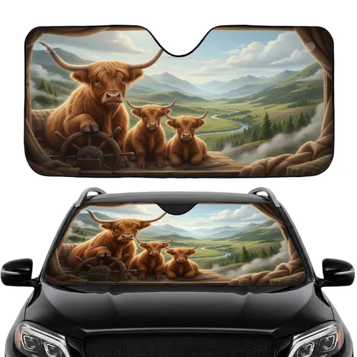 Highland Cow Family Scottish Highlands - Travel Essentials Gift for Cow Lover Car Sunshade