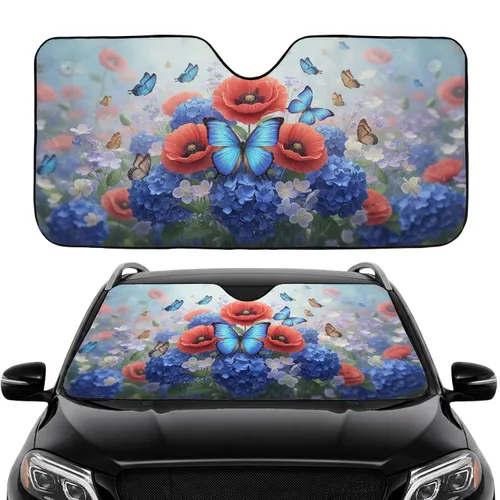 Blue Morpho Butterflies Coral Poppies Botanical Garden - Nature Lover Car Decor Car Sunshade