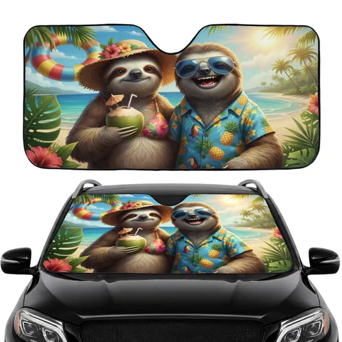 Joyful Sloths Floral Hat Hawaiian Shirt Tropical Beach Scene - Wildlife Lover Gift Car Sunshade