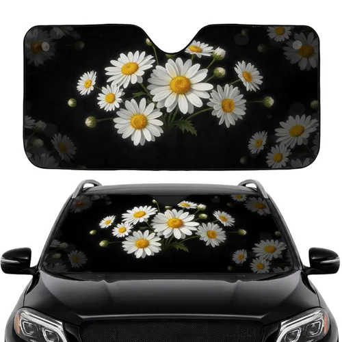 White Daisy Flowers Black Background - Nature Lover Everyday Style Car Sunshade
