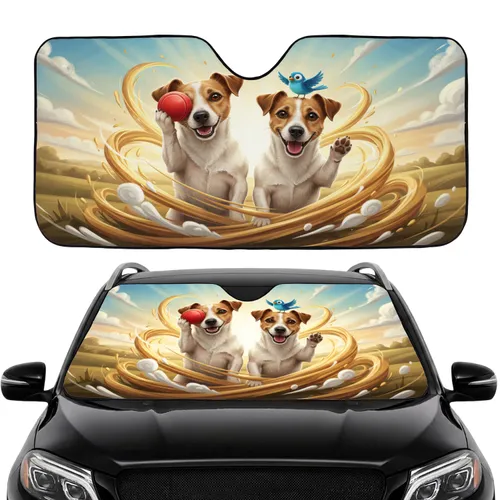 Jack Russell Terriers Red Ball Blue Bird - Road Trip Dog Lover Gift Car Sunshade