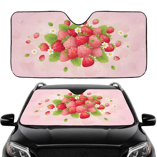 Pastel Pink Ripe Strawberries Fresh Green Leaves White Daisies - Fruit Lover Car Decor Gift Car Sunshade