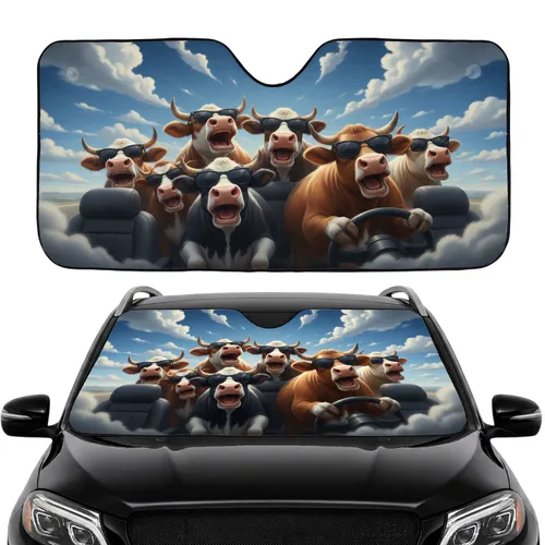 Expressive Cows in Sunglasses Driving - Road Trip Auto Decor Gift for Animal Lover Car Sunshade