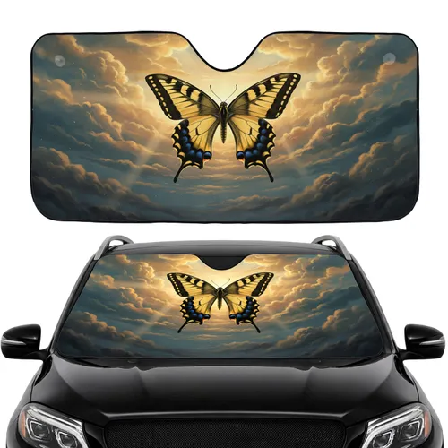Majestic Butterfly Golden Amber Teal Clouds Sunrise Sunset Sky - Wildlife Lover Gift Car Sunshade