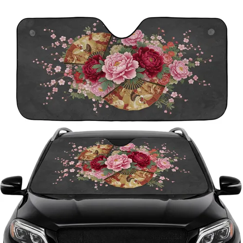 Peonies Japanese Fans Cherry Blossoms Seigaiha Waves - Car Decor Gift Car Sunshade