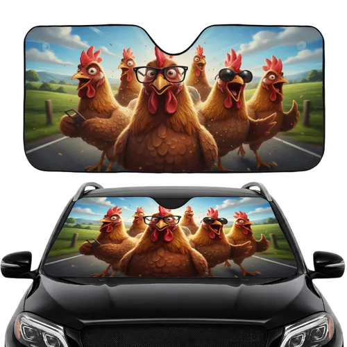 Five Humorous Chickens with Glasses Road Trip Adventure - Car Accessory Gift Car Sunshade