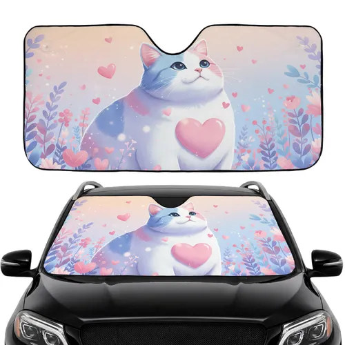 Pastel Sky Cat Pink Heart Flowers - Cat Lover Car Accessory Gift Car Sunshade