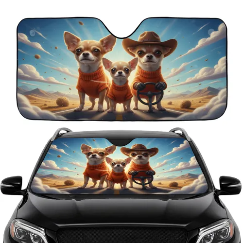 Three Chihuahua Dogs Cowboy Hat Road Trip Adventure - Travel Essentials Gift for Dog Lovers Car Sunshade