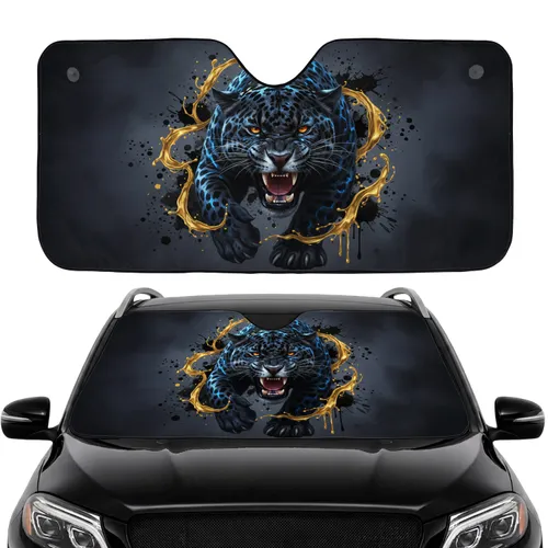Roaring Black Jaguar Electric Blue Spots Molten Gold Splashes - Big Cat Lover Gift Car Sunshade