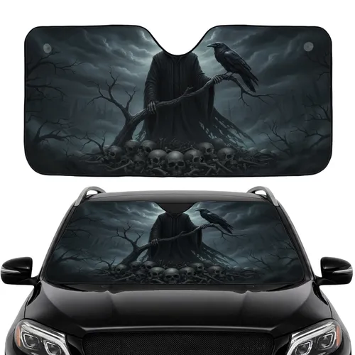 Skeletal Grim Reaper Raven Skulls Gnarled Branch Ominous Forest Desolate Sky - Gothic Fantasy Decor Gift Car Sunshade
