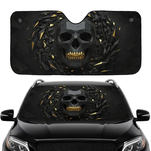 Dark Charcoal Geometric Skull With Gold Teeth - Luxury Driver Gift Car Sunshade