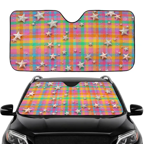 Rainbow Plaid Intersecting Stripes Glitter Metallic Opalescent Stars Shapes Car Sunshade