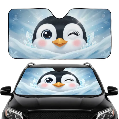 Winking Eye Penguin Ice Crystals Snowflakes - Wildlife Lover Winter Gift Car Sunshade