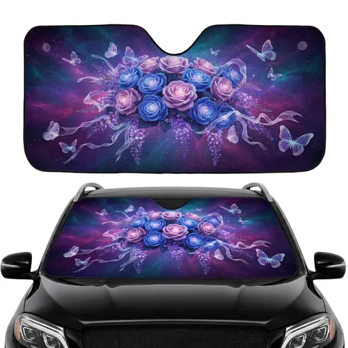 Glowing Blue Lavender Roses Wisteria Butterflies Cosmic Nebula - Car Interior Upgrade Car Sunshade