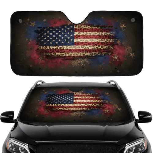 Distressed American Flag Leopard Print - Independence Day Gift for Veterans Car Sunshade